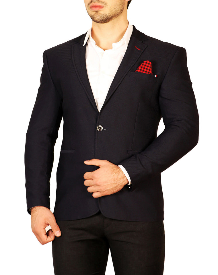 Notch Lapel Red Checkered Pocket Square Fitted Blazer